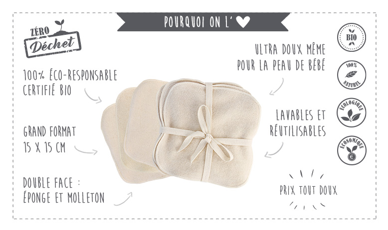 3 lingettes démaquillantes coton BIO 15x15 cm